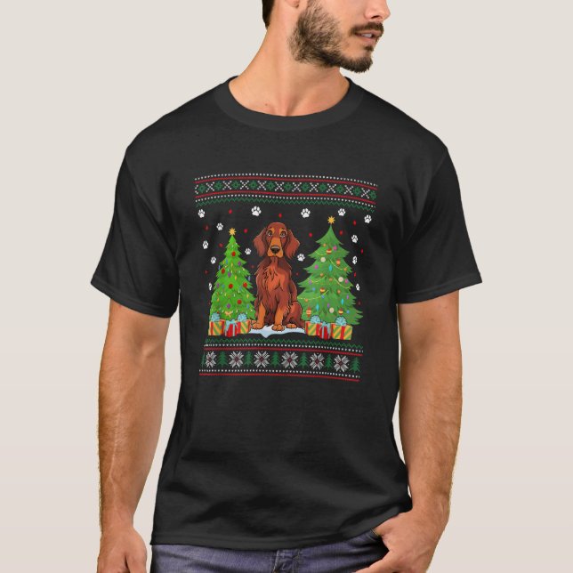 Funny Christmas Tree Lights Irish Setter Dog Ugly  T-Shirt (Front)