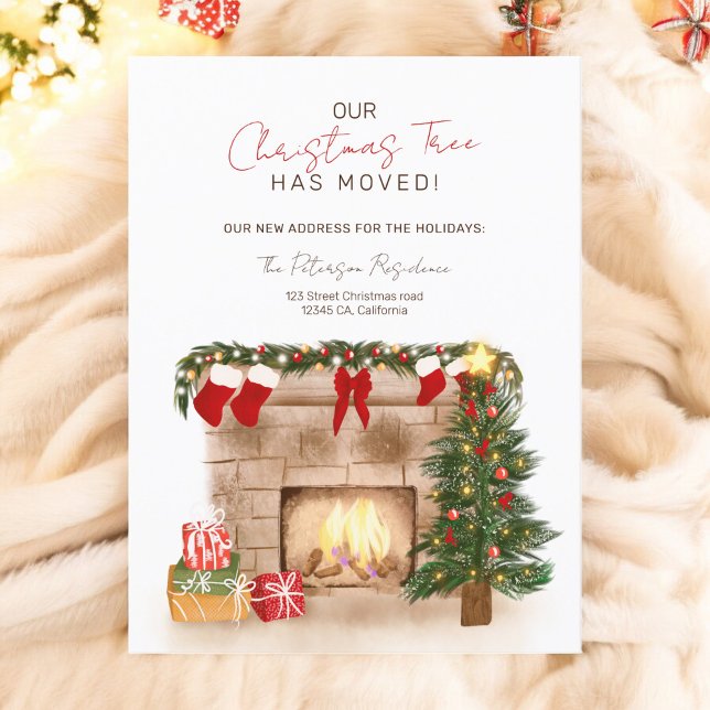 Funny Christmas tree moved cosy winter moving Announcement Postcard (Funny Christmas tree moved cozy winter moving Announcement Postcard)