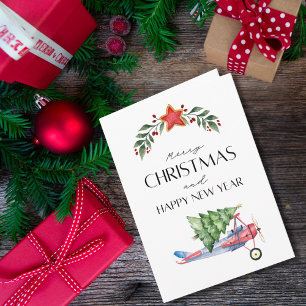 Funny Christmas Tree on Airplane & Family Photo Card