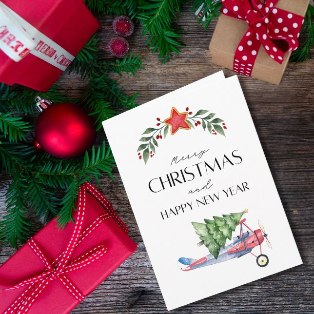 Funny Christmas Tree on Airplane & Family Photo Card (Creator Uploaded)