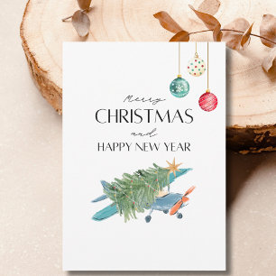 Funny Christmas Tree on Airplane & Family Photo Card