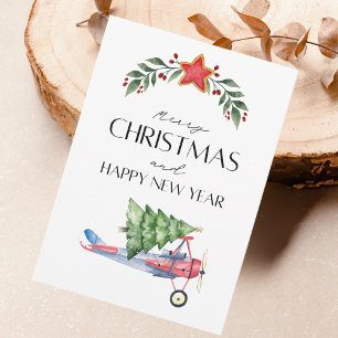 Funny Christmas Tree on Airplane & Family Photo Card