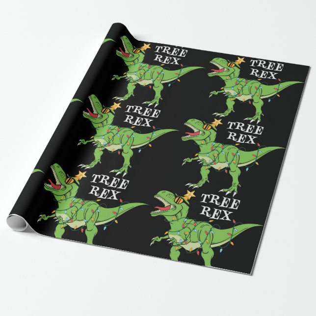 Funny Christmas Tree Rex Dinosaur Wrapping Paper (Unrolled)