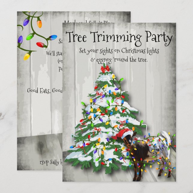 Funny Christmas Tree Trimming Party Goat Invitation (Front/Back)