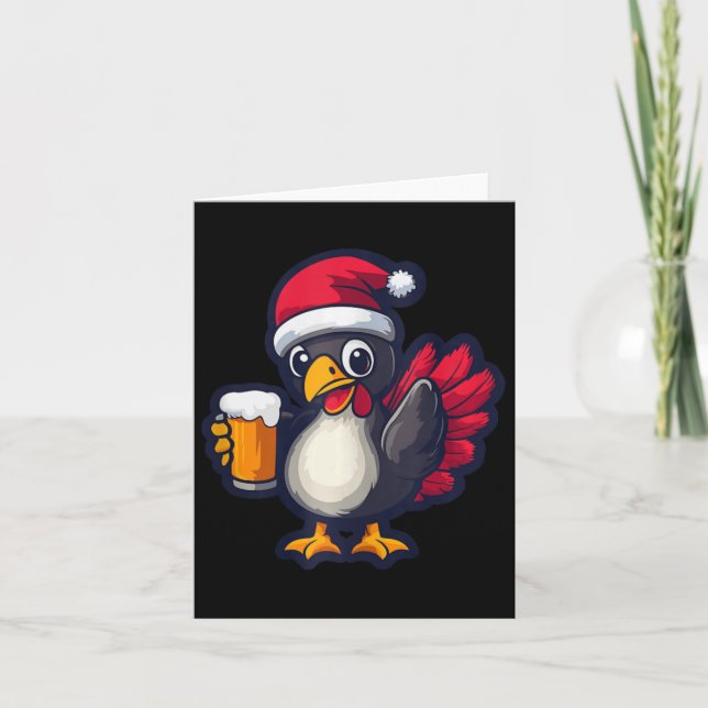 Funny Christmas Turkey Animal With Beer Comic  Card (Front)