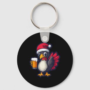 Funny Christmas Turkey Animal With Beer Comic Key Ring