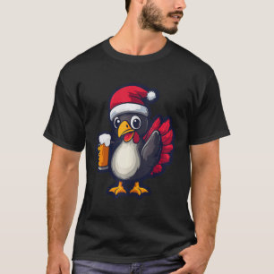 Funny Christmas Turkey Animal With Beer Comic  T-Shirt