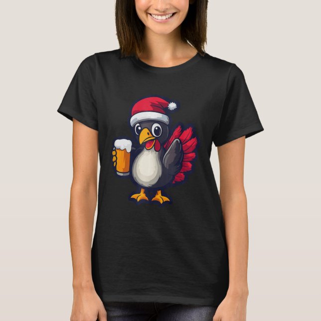 Funny Christmas Turkey Animal With Beer Comic  T-Shirt (Front)