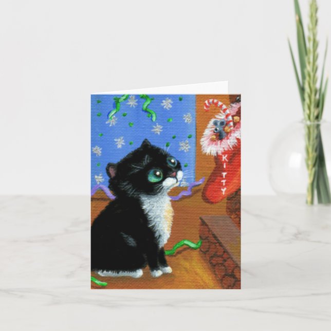 Funny Christmas Tuxedo Black  Cat Creationarts Holiday Card (Front)