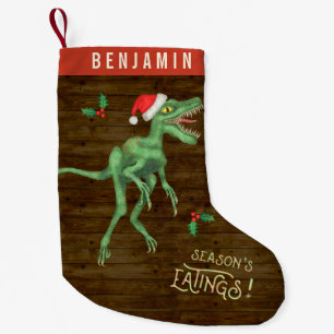 Funny Christmas Velociraptor Dinosaur Custom Name Small Christmas Stocking