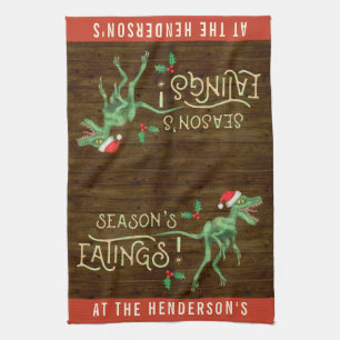 Funny Christmas Velociraptor Dinosaur Custom Name Tea Towel