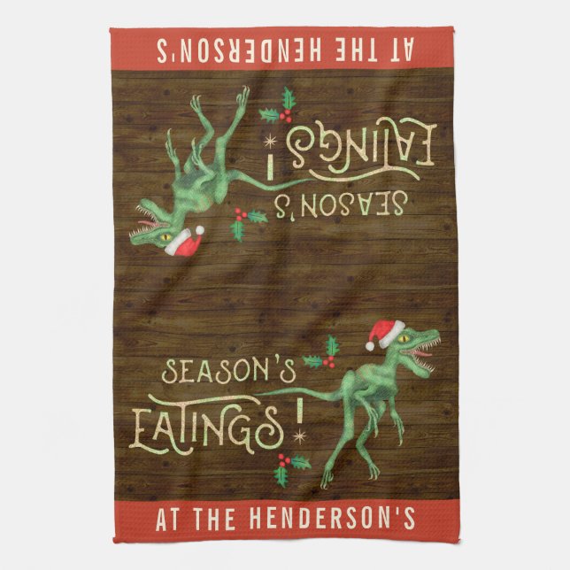 Funny Christmas Velociraptor Dinosaur Custom Name Tea Towel (Vertical)