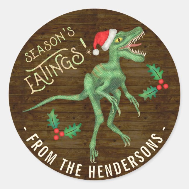 Funny Christmas Velociraptor Dinosaur Custom Text Classic Round Sticker (Front)