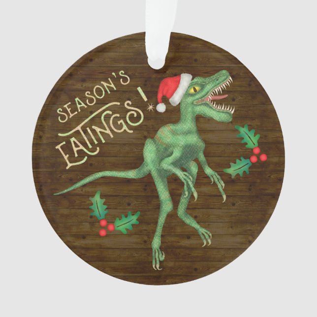 Funny Christmas Velociraptor Dinosaur Eatings Ornament (Front)