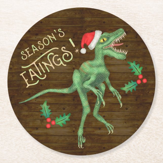Funny Christmas Velociraptor Dinosaur Eatings Round Paper Coaster (Front)