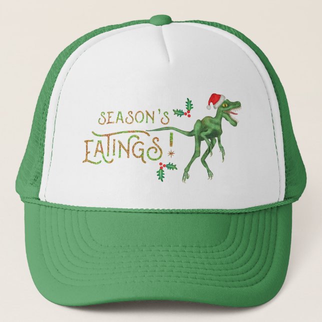 Funny Christmas Velociraptor Dinosaur Eatings Trucker Hat (Front)