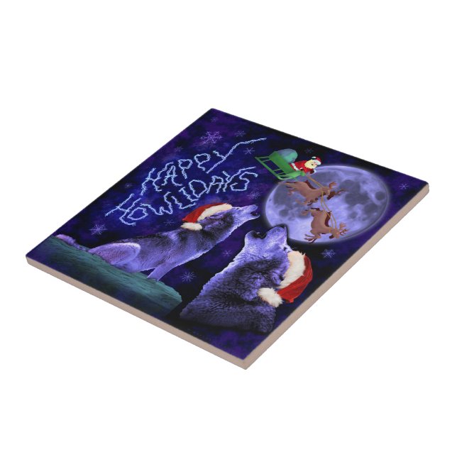 Funny Christmas Wolf Howlidays Pun Humourous Tile (Side)
