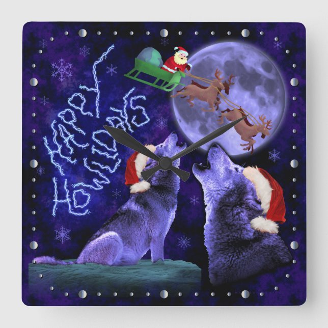 Funny Christmas Wolf Pun Animal Humour Square Wall Clock (Front)