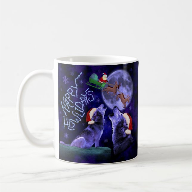 Funny Christmas Wolf Pun Happy Howlidays Coffee Mug (Left)