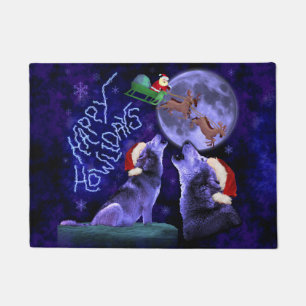 Funny Christmas Wolf Pun Happy Howlidays Doormat
