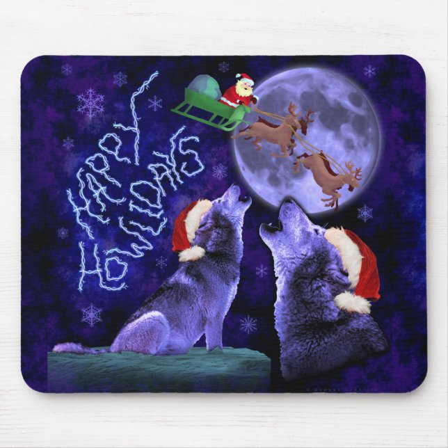Funny Christmas Wolf Pun Happy Howlidays Humour Mouse Pad (Front)