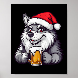 Funny Christmas Wolf With Beer Comic Poster