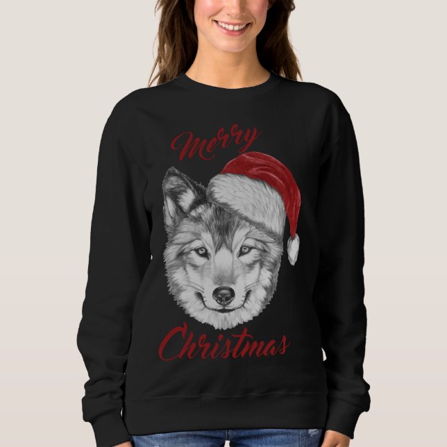 Funny Christmas Wolf With Santa Hat Sweatshirt (Front)