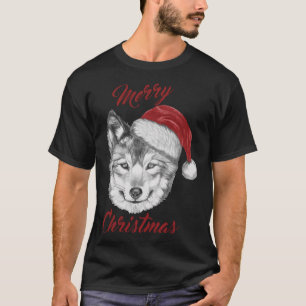 Funny Christmas Wolf With Santa Hat T-Shirt