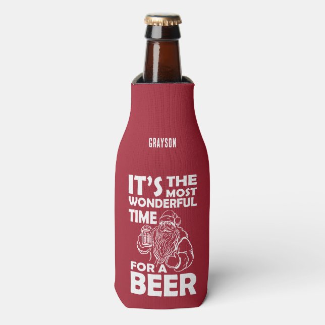 Funny Christmas Wonderful Time for a Beer Name Bottle Cooler (Bottle Front)