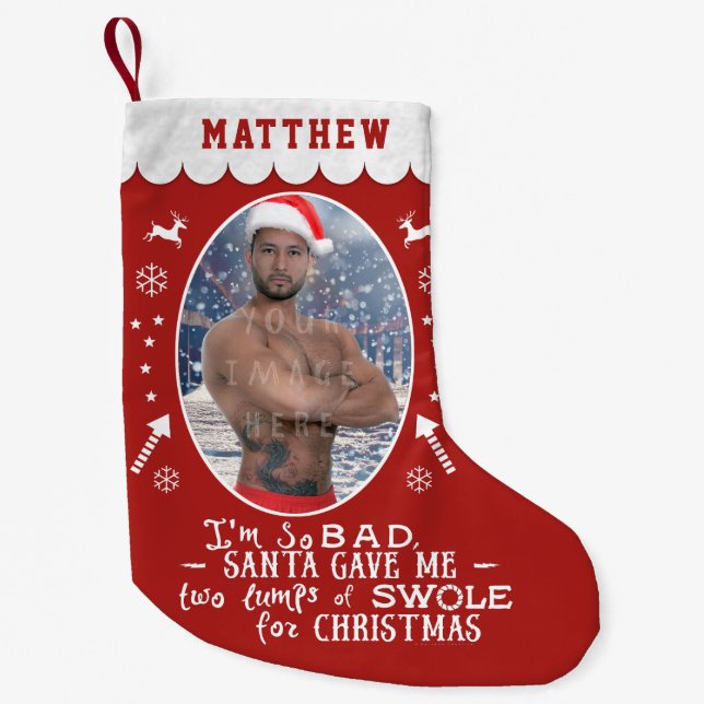 Funny Christmas Workout Weightlifting Custom Photo Small Christmas Stocking (Front)