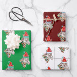 Funny Christmas Zebra Trio Wrapping Paper Sheet<br><div class="desc">Hand drawn zebra side portrait with added string of Christmas lights and watercolor Santa's cap on festive holiday coloured backgrounds</div>