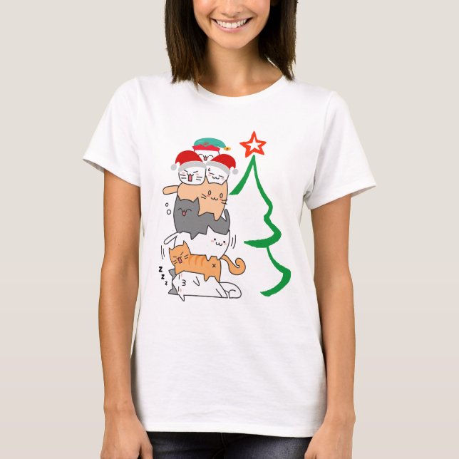 Funny ChristmasCat Stack Tower, Cat Mum Christmas T-Shirt (Front)