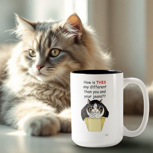 Funny Chubby Tabby Cat Box Two-Tone Coffee Mug (Creator Uploaded)