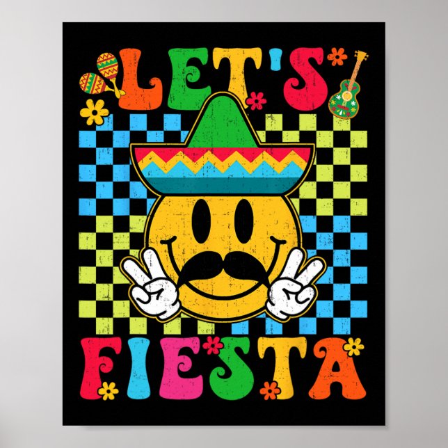 Funny Cinco De Mayo Chequered Let's Fiesta Smile M Poster (Front)