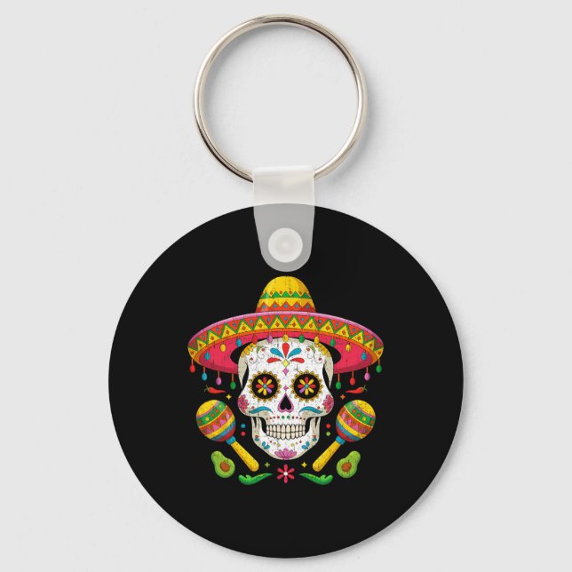 Funny Cinco De Mayo Funny Skull With Sombrero Hat  Key Ring (Front)