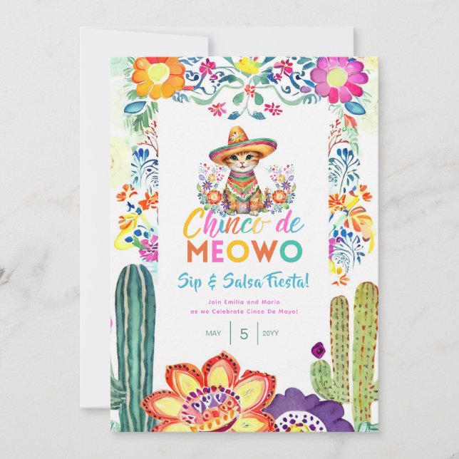 Funny Cinco De Mayo Sip and Salsa Cat FIESTA      Invitation (Front)