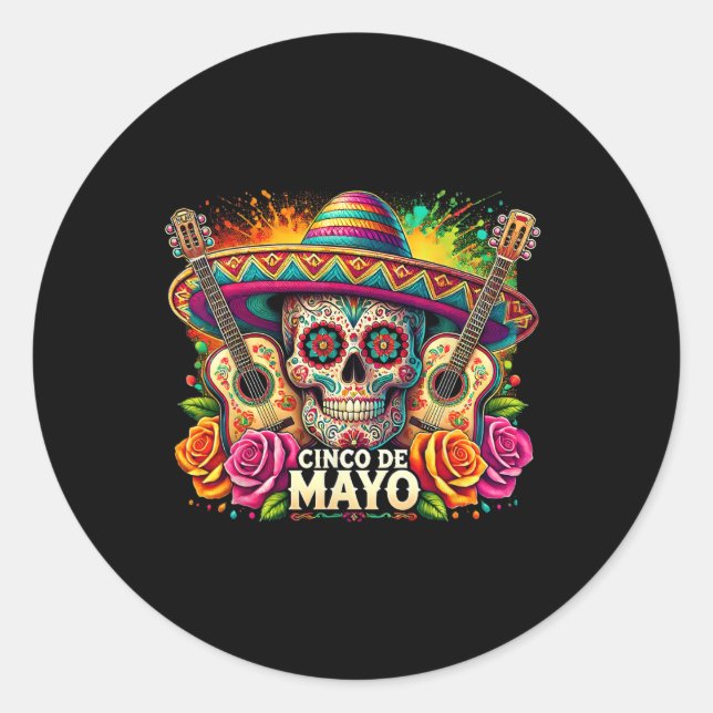 Funny Cinco De Mayo Skeleton Skull Fiesta Sombrero Classic Round Sticker (Front)