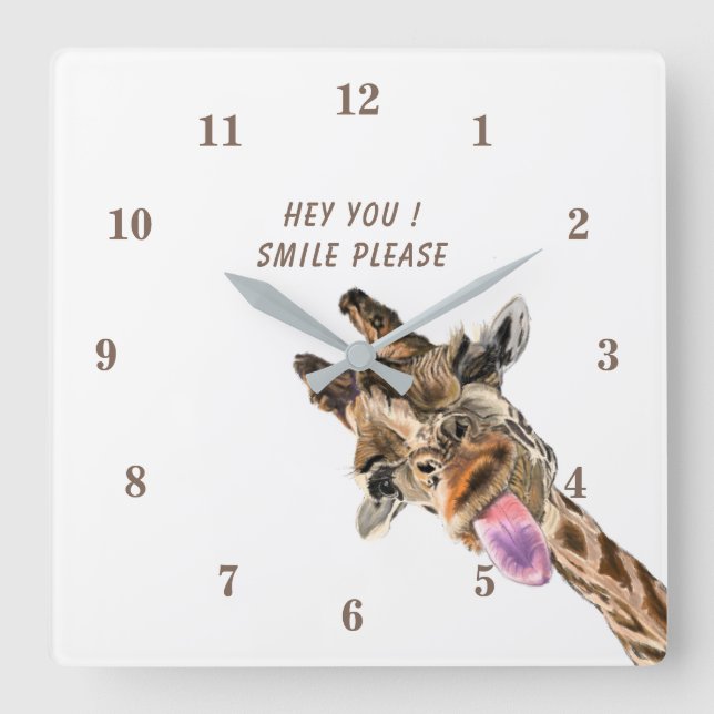 Funny Clock with Happy Playful Giraffe Custom Text (Front)