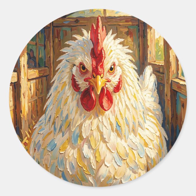 Funny Close Up of Impasto Chicken that looks Mad Classic Round Sticker (Front)