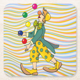 Funny Clown Playing With Colourful Balls Square Paper Coaster