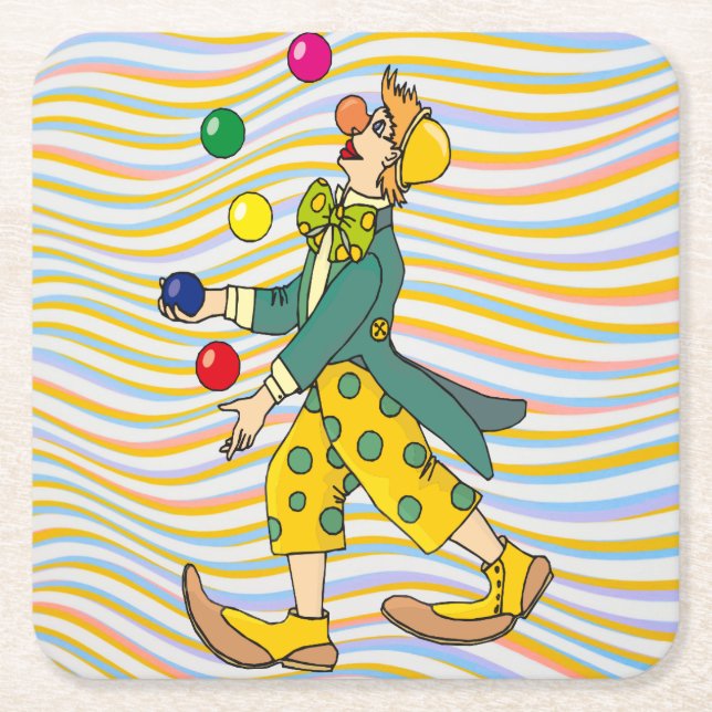 Funny Clown Playing With Colourful Balls Square Paper Coaster (Front)