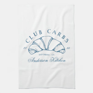 Funny Club Carbs Croissant Hand Drawn Doodle Blue Tea Towel