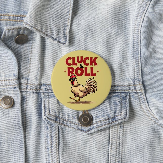 Funny "Cluck & Roll" Cool Rooster Cartoon Design 7.5 Cm Round Badge (In Situ)