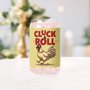 Funny "Cluck & Roll" Cool Rooster Cartoon Design Can Glass