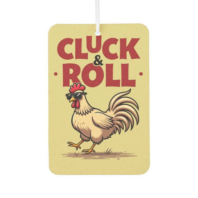 Funny "Cluck & Roll" Cool Rooster Cartoon Design Car Air Freshener (Front)