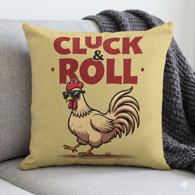 Funny "Cluck & Roll" Cool Rooster Cartoon Design Cushion (Funny Cluck & Roll Cool Rooster Cartoon Design Throw Pillow  Mockup A)