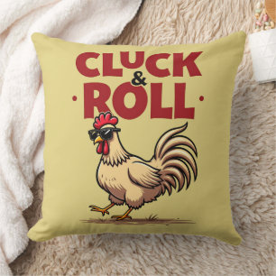 Funny "Cluck & Roll" Cool Rooster Cartoon Design Cushion