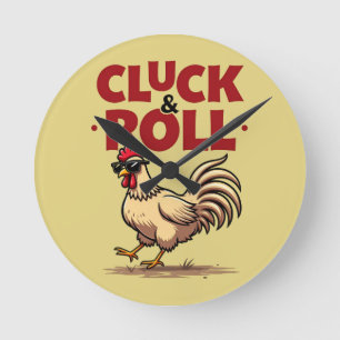 Funny "Cluck & Roll" Cool Rooster Cartoon Design Round Clock