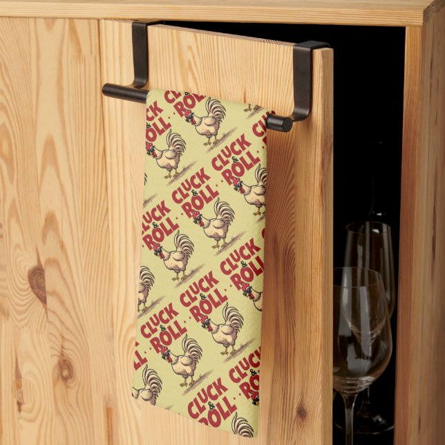 Funny "Cluck & Roll" Cool Rooster Cartoon Design Tea Towel (Thirds Fold)