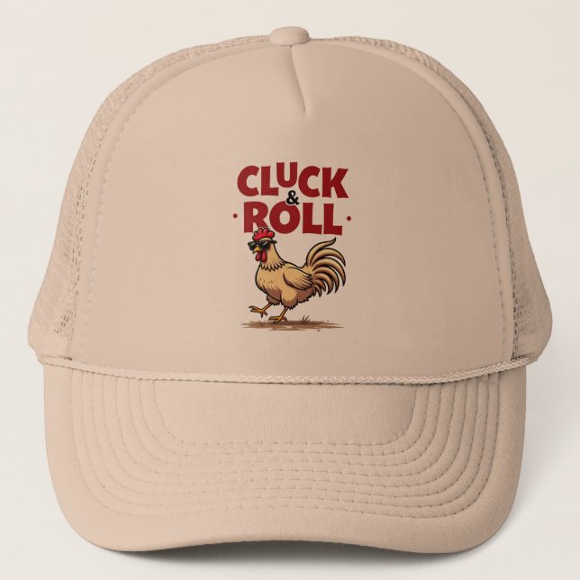 Funny "Cluck & Roll" Cool Rooster Cartoon Design Trucker Hat (Front)